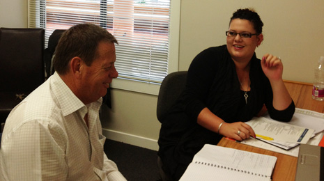 Pictured is Mel Fearn talking training with CrestClean's National Quality/Training Manager Chris Chapman