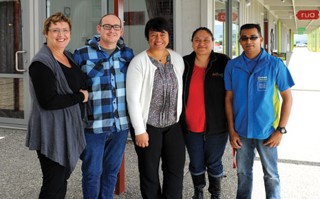 Pictured Here: (from left) Caroline Wedding (CrestClean Regional Director), Jonathan Hickman (Amplify Project Researcher & High Tech Youth Studio Coordinator), Rebecca George-Koteka (Community Engagement & Enterprise Manager), Aroha Te Namu (Youth, Whanau and Learning Manager) and Naveen Chand (CrestClean Franchisee).