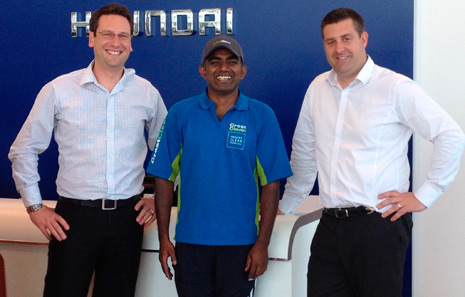 From left: Euan Means (Dealer Principal, Hyundai), Lakshman Jetti (CrestClean), and James Smith (Business Manager, Hyundai)