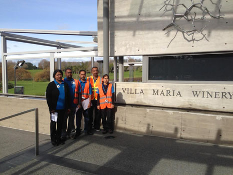 South Auckland Franchisees Paidamma Mani, Rajesh Mani, Mahesh Kanji, Pravin Chandra, and Dipti Kanji, during a Health and Safety Induction at Villa Maria Estate Ltd.