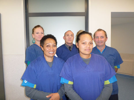 Hawkes Bay Franchisee Sophie Chase and her CrestClean team, ready for hospital work, with Regional Director Abby Latu, left, with Regional Co-ordinator Gary Amy, center. 