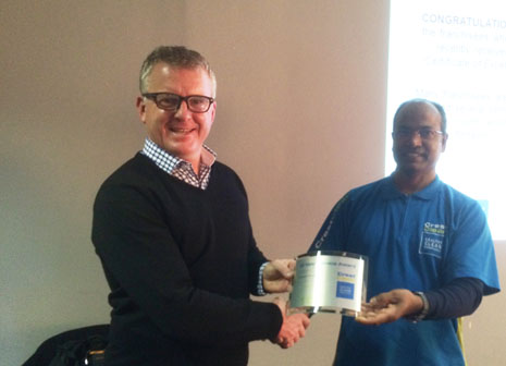 Dorsamy Goundar receiving his 10 Years Long Service Award from Grant McLauchlan, CrestClean’s Managing Director.
