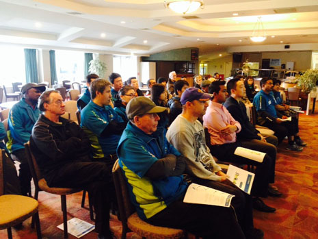 Attentive Franchisees from Christchurch North and South at a Team Meeting with Regional Manager Yasa Panagoda and CrestClean's Managing Director Grant McLauchlan.