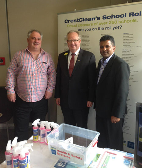 Auckland Central Regional Director Dries Mangnus, NZPF President Phil Harding, and Viky Narayan, Regional Director for South and East Auckland, in front of CrestClean’s School Roll banner.