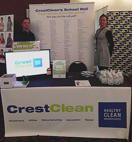 Chris Barker and Abby Latu with CrestClean’s snappy new School Roll banner and the prize TV, won by Havelock North’s Te Mata School.