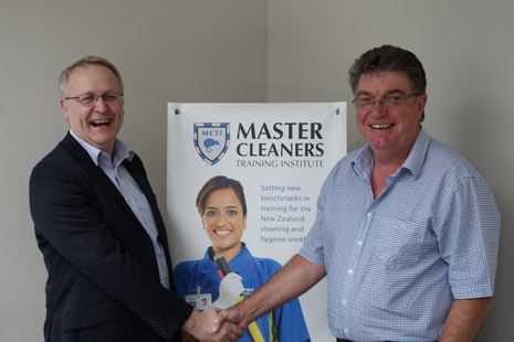 BICSc International General Manager Colin Hanks congratulating Adam Hodge on another successful audit at Master Cleaners Training Institute.