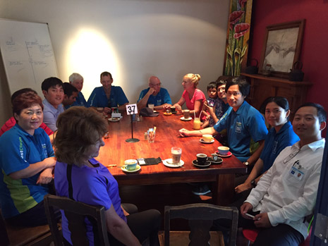 Tauranga franchisees and Jason Cheng, right, having coffee and a chat about CrestClean.