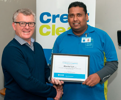 Grant presented Nischal Lal with a Master Cleaners Training Institute Floor Care Training Course Certificate of Completion.