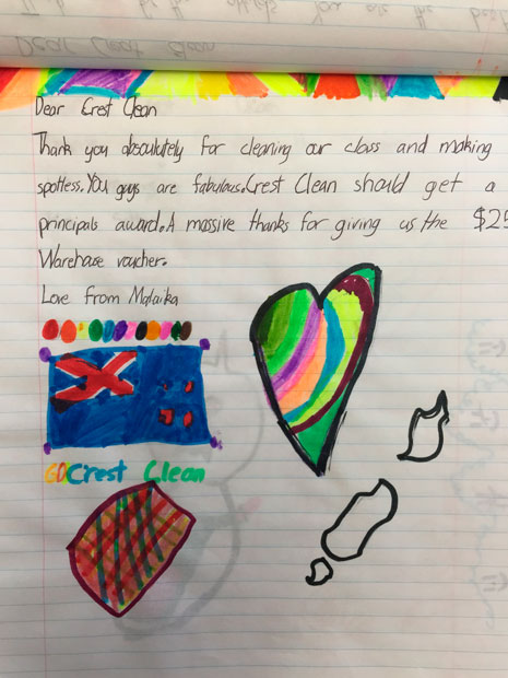 Room 9 pupils wrote and illustrated letters to say thank you to Crest after they won the Cleanest Classroom Competition.