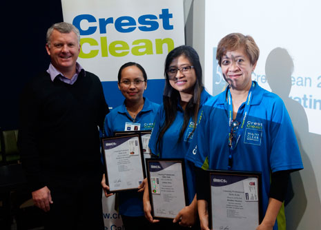 Maricel and Martin DeGuzman, Anthony Batoy and Marta and Riz Manicia with their British Institute of Cleaning Sciences Cleaning Professional Skills Suite completion certificates.