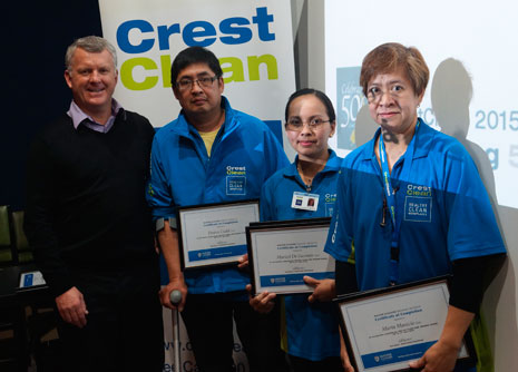 Desiree Cudal (Orland Cudal accepted Desiree’s certificate), Martin and Maricel Deguzman, and Marta and Riz Manicia received their floor care training completion certificates from Managing Director Grant McLauchlan at the Invercargill team meeting.