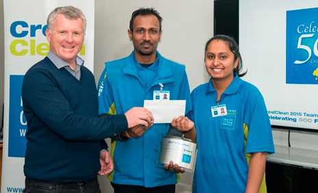 CrestClean Managing Director Grant McLauchlan presented Crest's 500th Franchise team Danial Prasad and Arishma Singh with $500 cash each and a plaque as part of 500 Franchise celebrations.