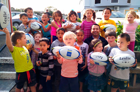 Spotswood Primary School pupils were thrilled to receive nine rugby balls.