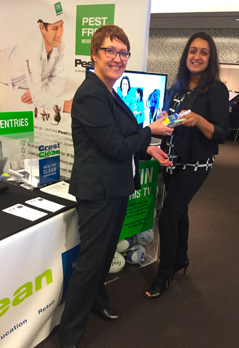 Crest Anti-Viral Sanitiser bottles and microfiber cloths were given to all delegates. Here’s Nitika Chandra, of Waimahia Intermediate School, getting hers.