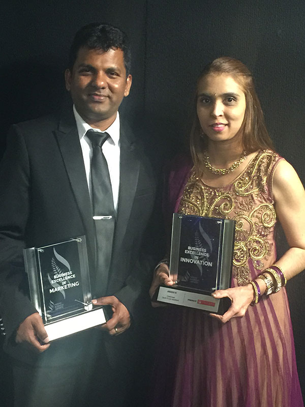 Viky and Nileshna Narayan won the ‘Business Excellence in Marketing’ and ‘Business Excellence in Innovation’ Awards at the Indian Newslink Indian Business Awards.