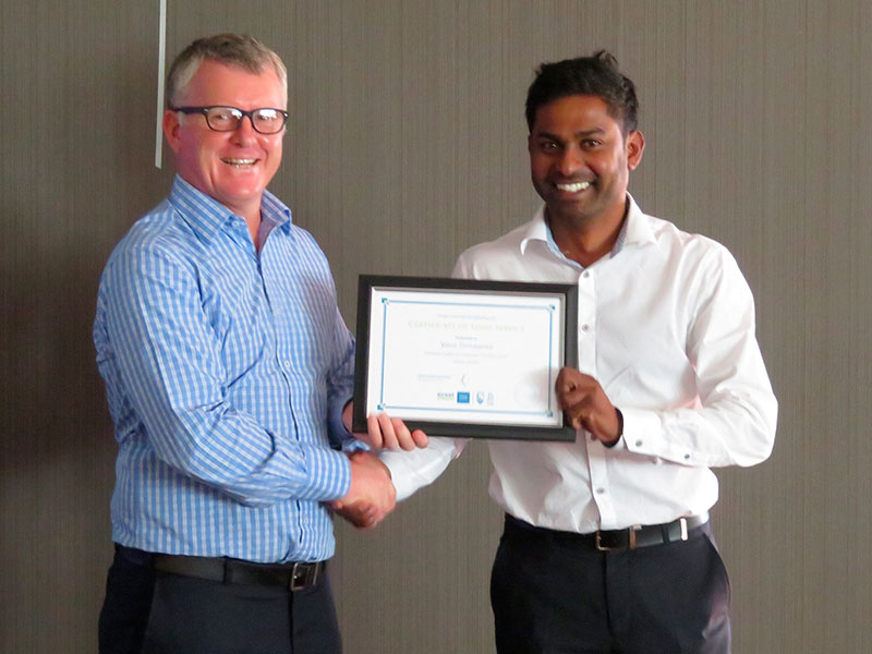 Christchurch North Regional Manager Yasa Panagoda received his three year Long Service Award from Managing Director Grant McLauchlan.