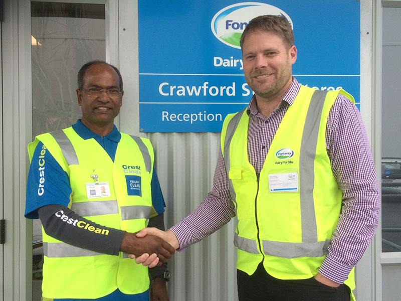 Fonterra Crawford St/CANPAC Distribution Centre Manager Ben Crawford congratulated Hamilton franchisee Dorsamy (Samy) Goundar on his 10 year achievement taking care of the premises.