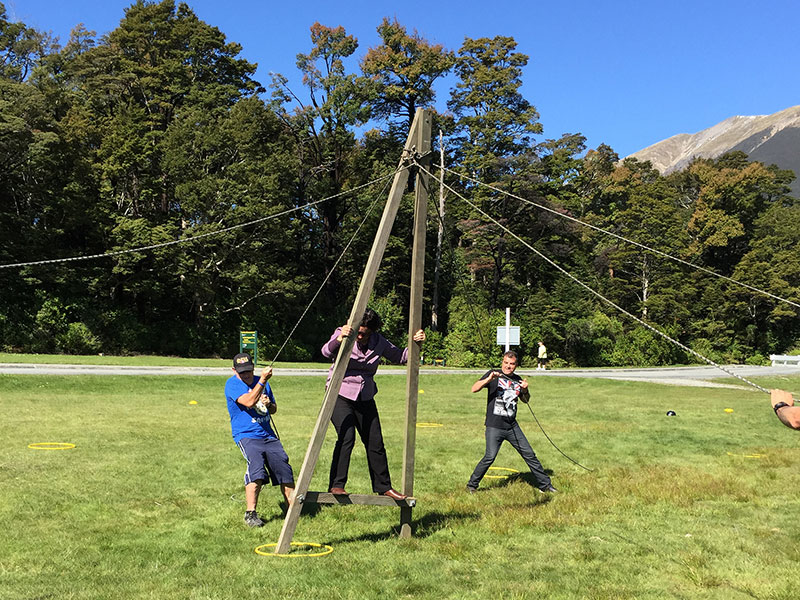 Nelson Regional Manager Barbara de Vries puts trust in her team who had to ensure she stayed upright as part of a recreation afternoon at the Nelson Principals’ Association Conference.