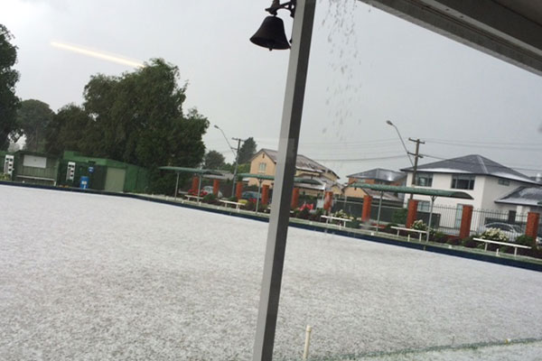 A thunder and hail storm transformed the Riccarton Racecourse bowling green.