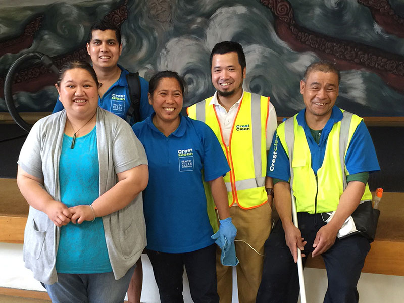 Invercargill Franchisees, from left, Richard Chand, Marlene Madrid, Ping Sarical and Roberto Calanaun completed a spring clean at Murihiku Marae. They are pictured with Waihopai Runaka Inc receptionist Jess.