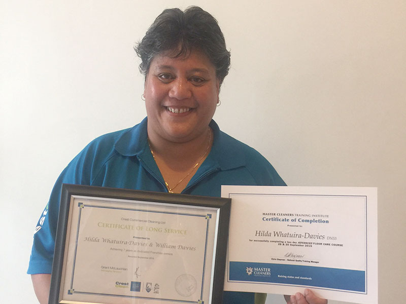 Dunedin franchisee Hilda Whatuira-Davies and her husband William Davies are celebrating seven years with CrestClean. Hilda also received a certificate for completing the Master Cleaners Training Institute Advanced Floor Care Course.