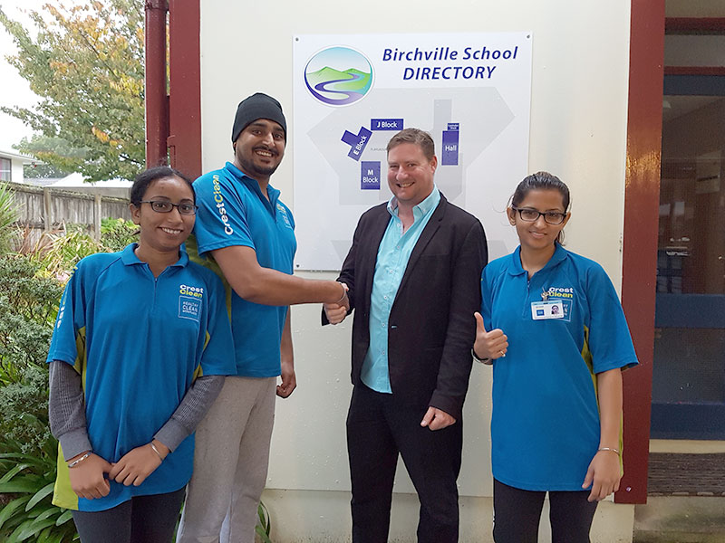 Upper Hutt franchisees Daler Singh, Hanspreet Hari and Navneet Kaur received positive feedback about the services they are providing Birchville School from Principal Simon Kenny.