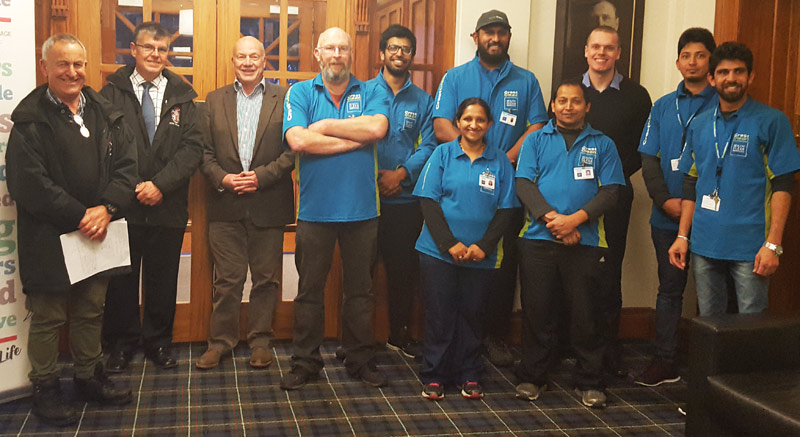 David Groufsky (College Custodian), Mike Ritchie (College Chief Financial Officer), Richard Brodie (CrestClean Regional Manager), Alexander Whitefield, Amit Mehta, Rajiv Reddy, Philip Wilson (Regional Quality Assurance Co-ordinator), Mahesh Roka, Manwinder Dhillon. Front: Shrijeshni Kumar and Ramesh Kumar.