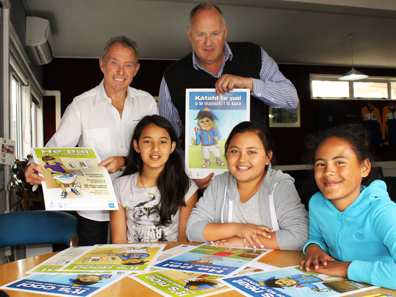 Bill Douglas (back left), Crest’s Regional Manager Rotorua, Whakatane and Taupo, with Selwyn School Principal Peter Barker and pupils Leah Walker, Jade Nelson and Crystal Mihaka-Barrett.