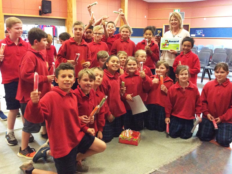 Shirley Keaton, a teacher at Rosebank School, with the winning Room 7 students.