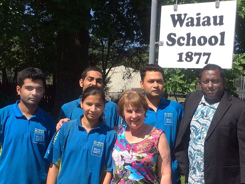 The Crest cleaning team (back row from left) Kumar Raj, Chithan Kumar, Jaydeep Patel, Sanjeev Raj. Front: Bhoomi Patel and Waiau School Principal Mary Kimber.