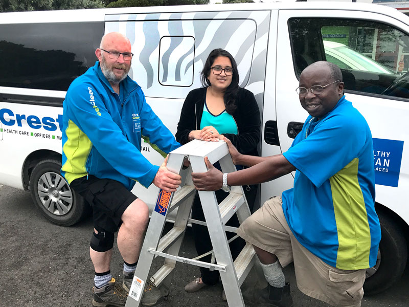 Crest PropertyCare caretakers Alex Whitefield and Froduald Mugiraneza with CrestClean’s Hutt Valley Regional Manager Zainab Ali at the training and assessment course for working at heights. 