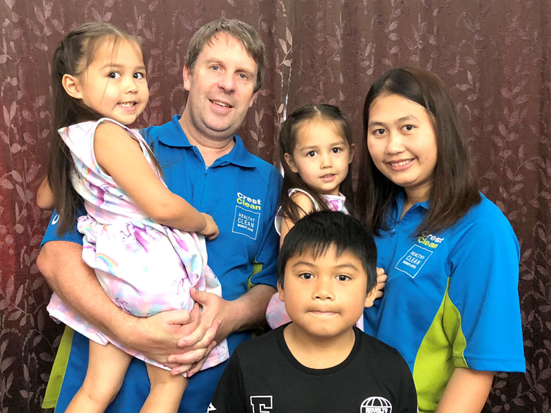 Aaron and Viyada Corbett with their children, twin girls Aria and Amika and son Nite