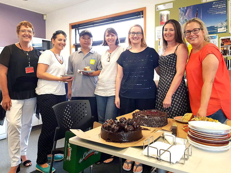 CrestClean’s Caroline Wedding (left) puts on a morning tea. With her is caretaker Thang Hlawnceu and Windy Ridge School staff Sarah Turner, Brenda McPherson, Amanda Hurley, Jane Brown and Caroline Walker