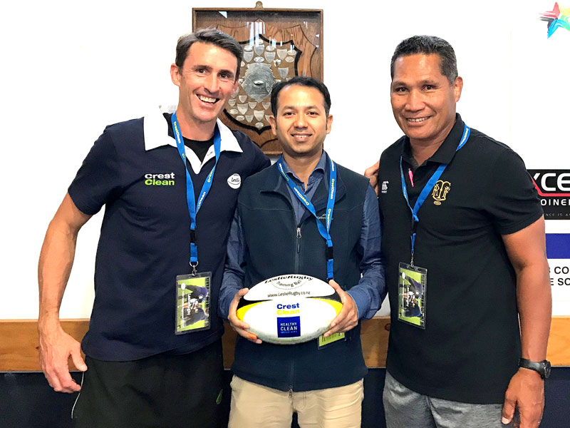 John Leslie with CrestClean’s Taranaki Regional Manager Prasun Acharya and Jack Kirifi, Taranaki Rugby Development Officer. 