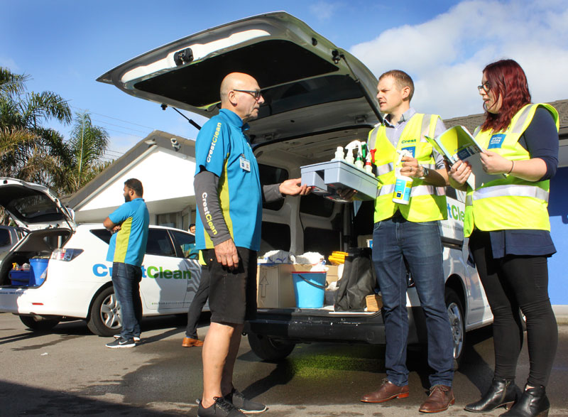 Crest business owner Neville Hall has his vehicle checked by Sam Lewis, General Manager Franchise Services. Looking on is CrestClean’s Megan Dawson, who provides CRM support/training. 