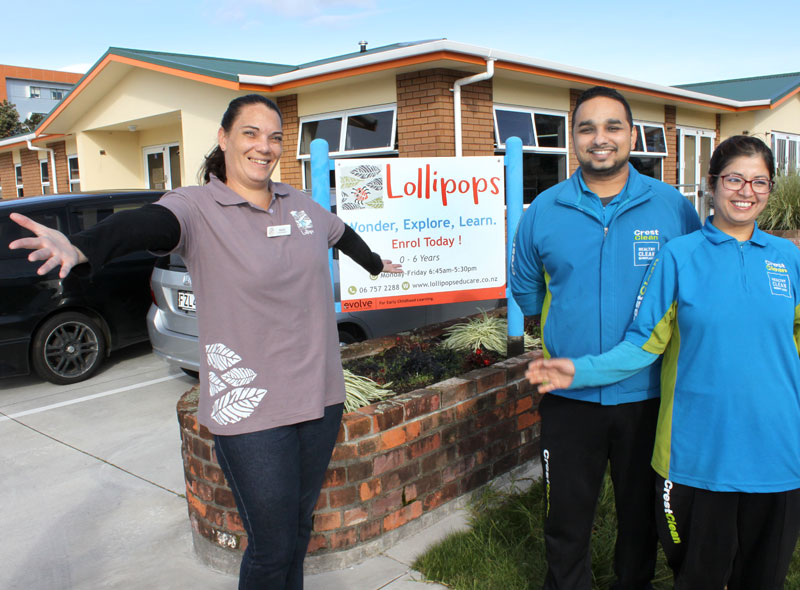 Lollipops Centre Manager Sonia Jordan with CrestClean business owners Shahash Adhikary and his wife Isha Pyakurel.