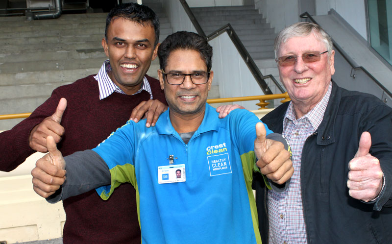 Sanjay Patel, who won $10,000 of gross turnover for his business. With him are Neil Kumar, North Harbour Regional Manager, and CrestClean chairman of directors Marty Perkinson who made the prize draw.